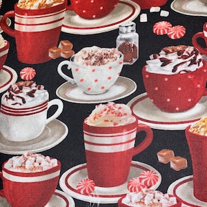 May include: A repeating pattern of red and white striped mugs and cups filled with hot chocolate, whipped cream, and marshmallows. The cups sit on saucers, with peppermints and caramel candies scattered on a black background.