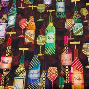 May include: A repeating pattern of wine bottles and glasses in various colors, including green, pink, and blue, with gold accents. The bottles are labeled with wine varietals such as Merlot, Zinfandel, and Shiraz. The background is a dark burgundy color.