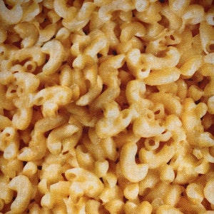 May include: A close-up image of a bowl of macaroni and cheese. The macaroni is cooked and covered in a creamy, cheesy sauce.