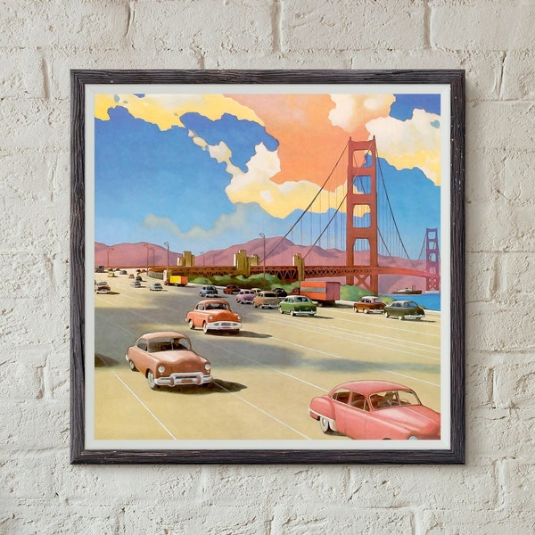 PRINTABLE Retro 1950s Vintage Cars Golden Gate Bridge San Francisco Wall Art Print, Home Decor, Digital Poster, Instant Download JPG