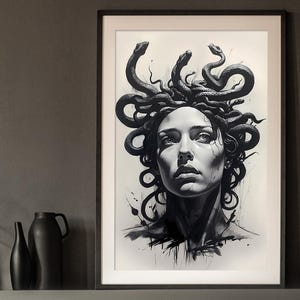 Medusa, stampa murale stampabile, stampa della mitologia greca, cartolina, arredamento gotico, Dark Academia, estetica a carboncino e inchiostro, download digitale JPG