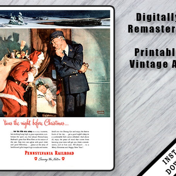 PRINTABLE Retro Christmas Pennsylvania Railroad Digital Vintage Ad, Santa Gifts Sleeping Child, Vintage Holiday Advertisement Wall Art