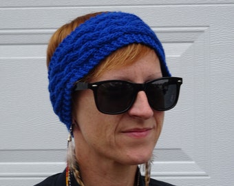 Hand Knit Cabled Acrylic Ski Headband in Royal Blue