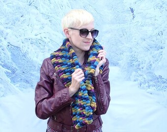 Hand Knit "Poms of Colour" Polyester Novelty Scarf