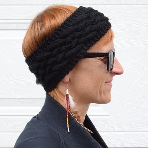 Hand Knit Cabled Acrylic Ski Headband in Jet Black