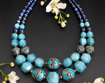 Turquoise Statement Necklace, Blue Beaded Necklace, Boho Ethnic Jewelry, Double Strand Necklace, Artisan Handmade Gift for Her