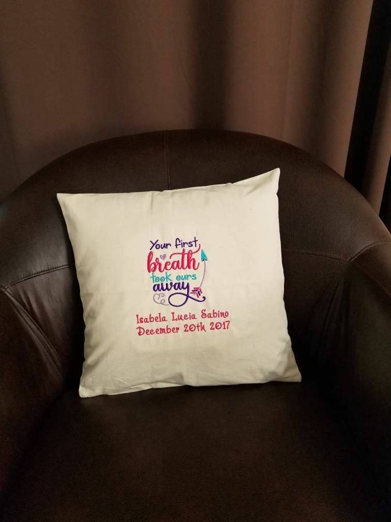 embroidered birth announcement pillow