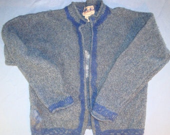 blue cardigan with blue and white flowers