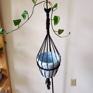 Black Honeycomb Macrame Plant Hanger with Sky Blue 8-inch Pot (Indoor/Outdoor)