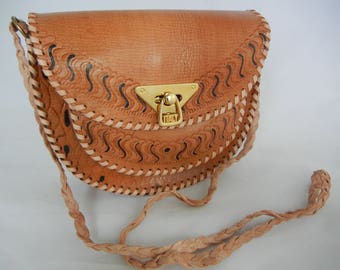 Crossbody Light Brown Purse Hand Tooled Bag Embossed Leather Geometric Floral Handbag