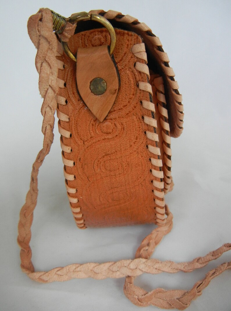Crossbody Light Brown Purse Hand Tooled Bag Embossed Leather Geometric Floral Handbag