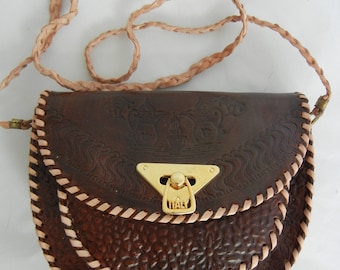 Crossbody Brown Purse Hand Tooled Bag Embossed Leather Handbag