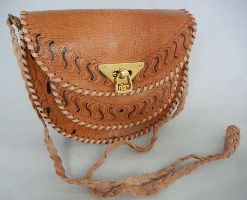 Crossbody Light Brown Purse Hand Tooled Bag Embossed Leather Geometric Floral Handbag