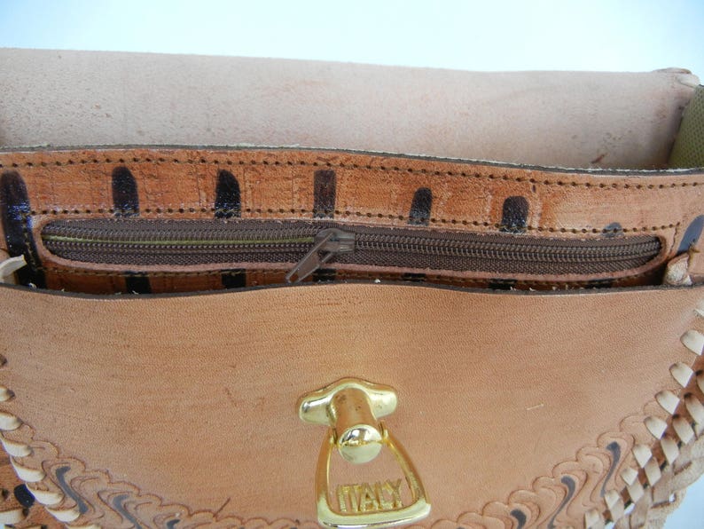 Crossbody Light Brown Purse Hand Tooled Bag Embossed Leather Geometric Floral Handbag