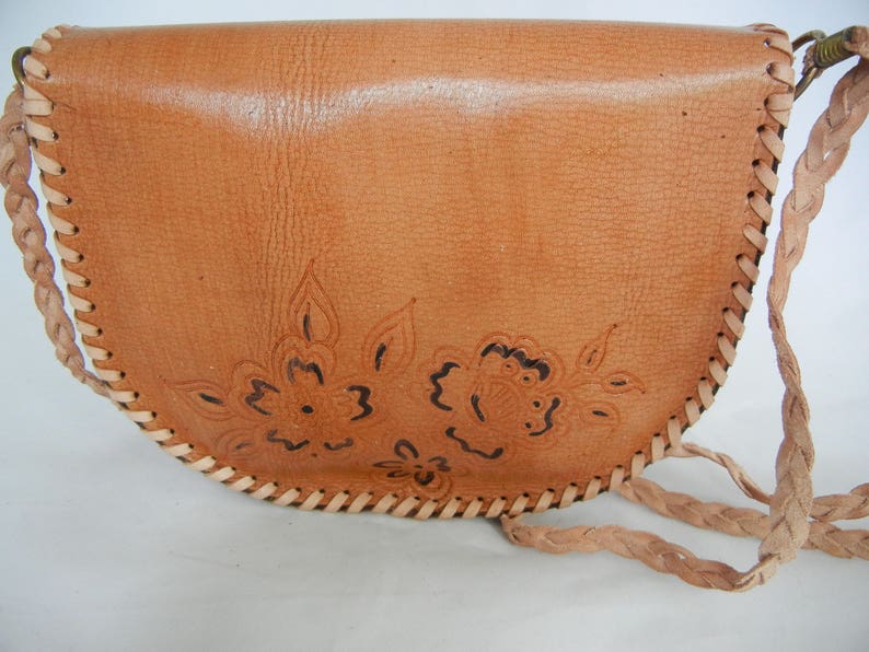 Crossbody Light Brown Purse Hand Tooled Bag Embossed Leather Geometric Floral Handbag