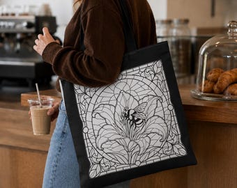 Art Nouveau Lily Design Tote Bag | Black Floral Stained Glass Pattern | Boho Eco Friendly Book Bag | Paint Party Canvas Tote Bags