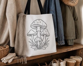 Mushroom Sketch Tote Bag | Botanical Mushroom Illustration | Color It Yourself Tote | DIY Grocery Tote | Boho Style Book Bag