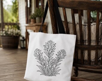 Indian Paint Brush Tote Bag | Line Art Plant Illustration | Botanical Design Book Bag | DIY Coloring Canvas Tote