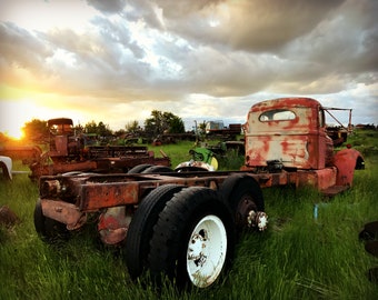 Red Farm Truck Sunset Afdrukbare Download Digitale Rustieke Americana Foto