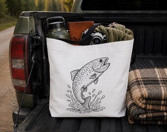 Jumping Trout Tote Bag | Unique Fishing Design | Canvas Fishing Bag | DIY Coloring Tote | Outdoorsy Book Bag