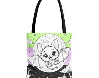 Süßes oder Saures – Ausmalbare Babyfledermaus-Tragetasche im Pastell-Gothic-Stil für Halloween-Bastelbedarf