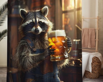 Douchegordijn wasbeer drinkend bier: badkamerdecoratie bosbar (71 x 74 inch)