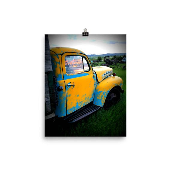 Old Ford Farm Truck Poster Blue And Yellow Patina Photo Wall Decor Interior Design Retro Junkyard Art Rustic Wall Art Vintage Automotive