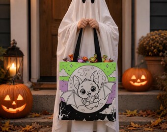 Bolsa de dulces con diseño de murciélago bebé para colorear, estilo gótico pastel, ideal para manualidades de Halloween.