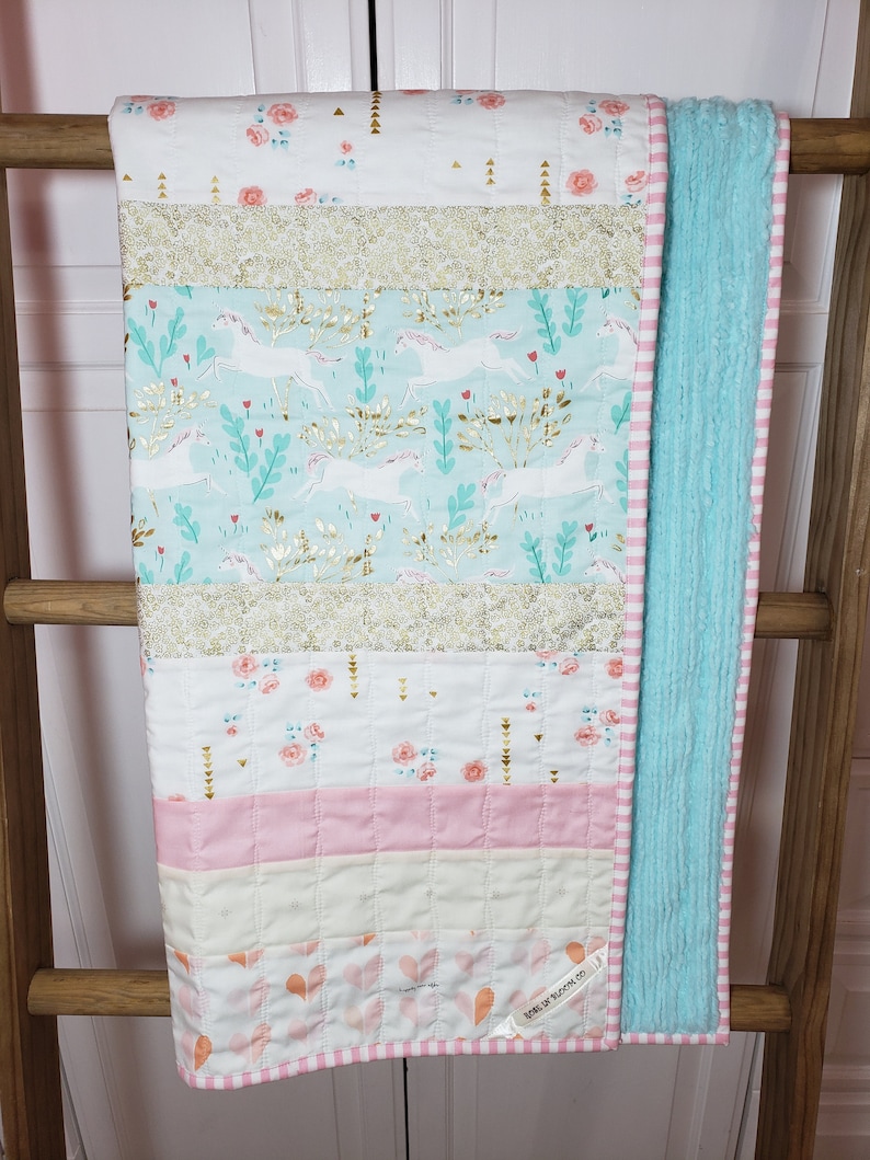 Minky Nursery Blanket Baby Quilt Floral Nursery Bedding Gold Unicorn Baby Girl Baby Girl Blanket Pink Saltwater