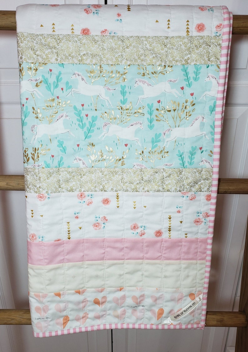 Minky Nursery Blanket Baby Quilt Floral Nursery Bedding Gold Unicorn Baby Girl Baby Girl Blanket Pink Saltwater