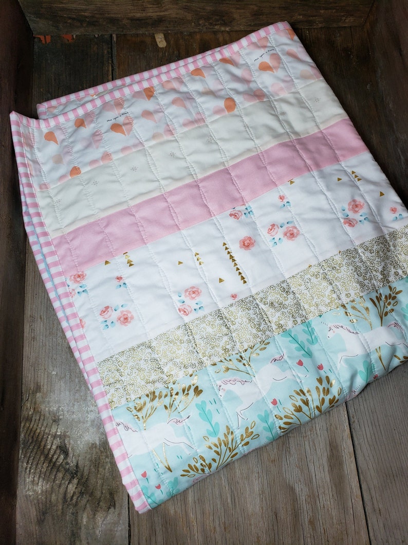 Minky Nursery Blanket Baby Quilt Floral Nursery Bedding Gold Unicorn Baby Girl Baby Girl Blanket Pink Saltwater