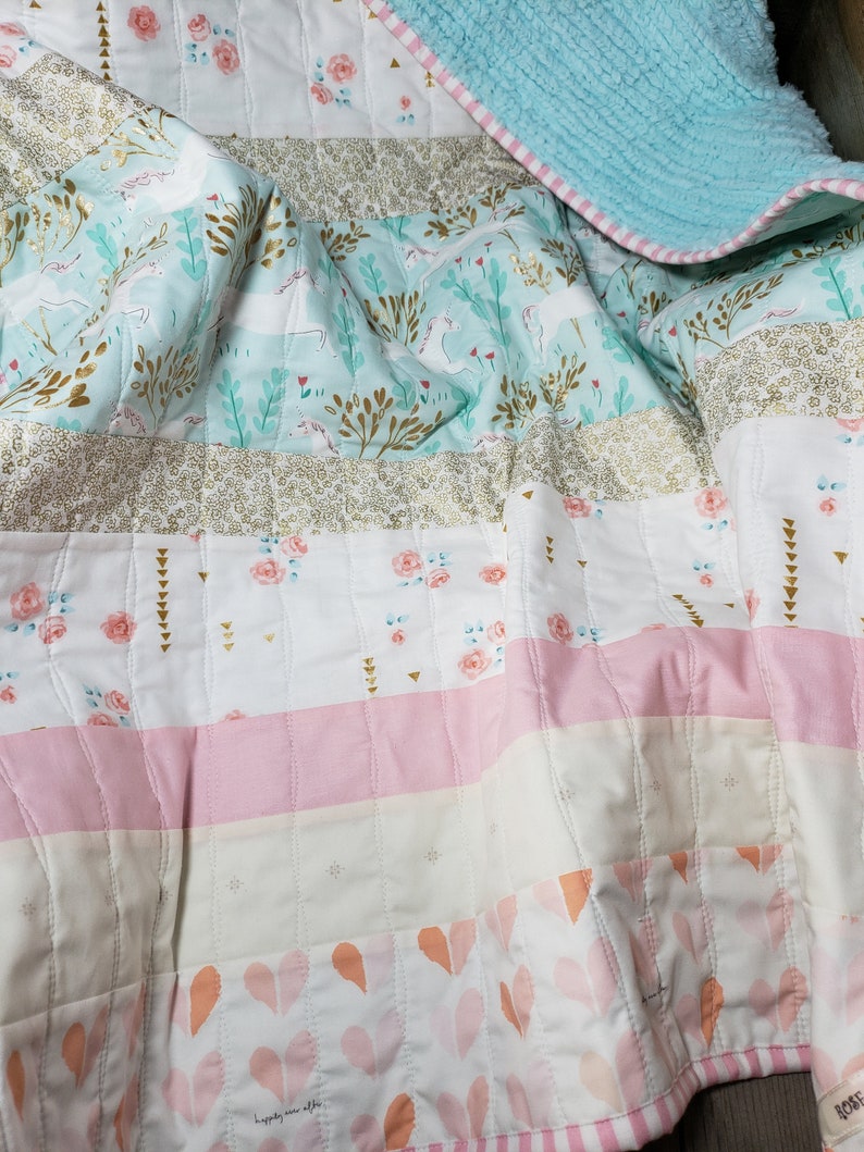 Minky Nursery Blanket Baby Quilt Floral Nursery Bedding Gold Unicorn Baby Girl Baby Girl Blanket Pink Saltwater