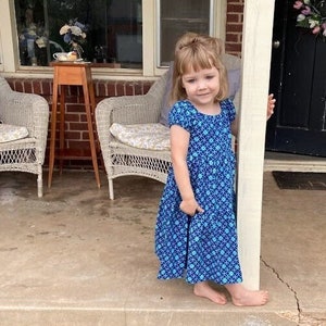 Size 4 Girls Flannel Peasant Dress, Navy and Turquoise Floral