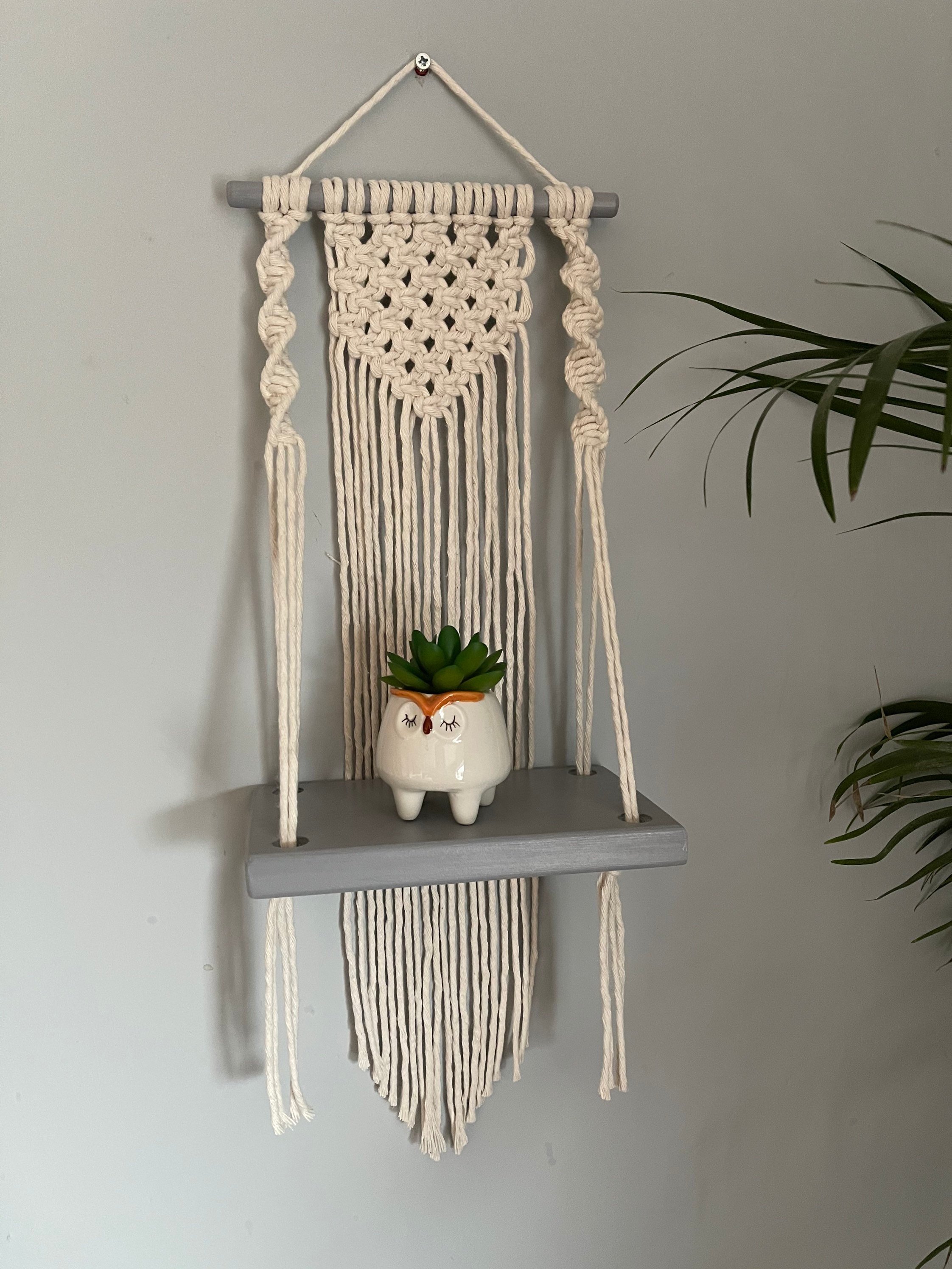 Mini Macrame Shelf Hanging in Natural with Grey woodwork Etsy