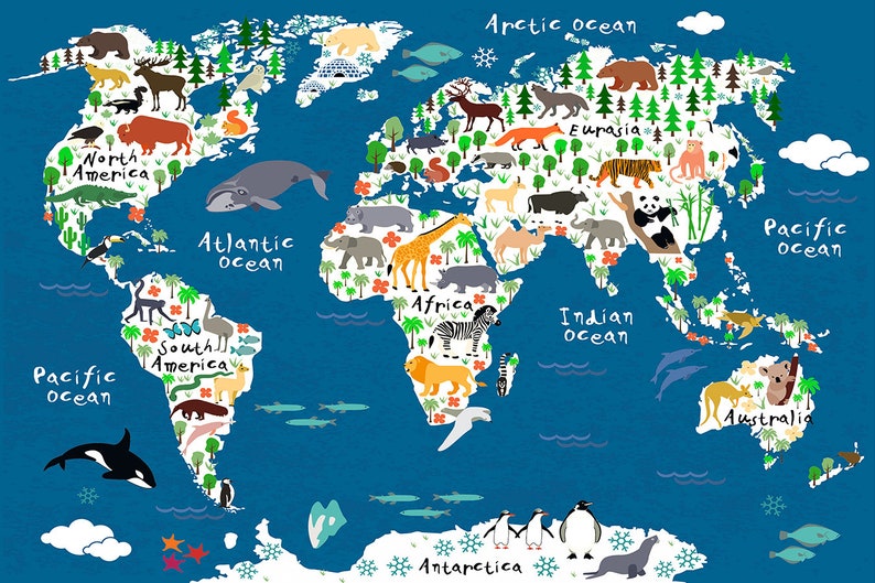 Nursery Animal World Map Canvas Print Kids Playroom Wall Art Etsy