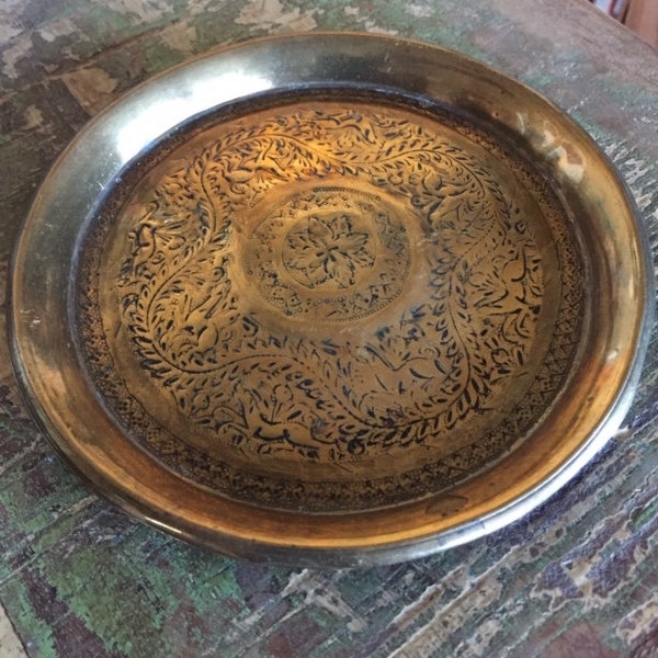 Copper Brass Plate, Vintage Brass Dish, Old Indian Brass Dish, Handmade Pakistan Brass Plate, Old Brass Plate, Decorative Brass Dish
