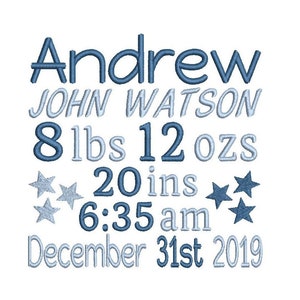 May include: Blue and grey embroidered baby announcement with the name Andrew John Watson, birth date 31st December 2019, time 6:35 am, weight 8 lbs 12 ozs, and length 20 inches.