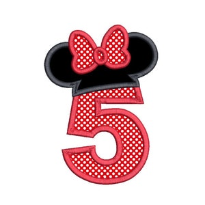 5th Birthday Mouse Ears Applique Design, Number 5, Girl&#39;s 5th Birthday Embroidery, Machine Embroidery, 3 Sizes, Instant Download, FA510-55