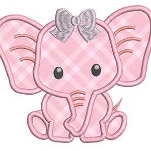 May include: Pink and white gingham elephant applique with a pink bow. The elephant has a pink trunk and pink ears.