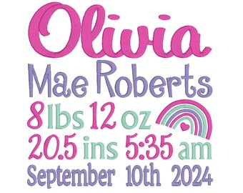 Birth Announcement TEMPLATE Embroidery Design, Girl, Baby Birth Stats, Newborn, Machine Embroidery, Rainbow,Heart, AM/PM, 3 Sizes, bt100-4