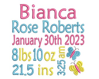 Birth Announcement TEMPLATE Embroidery Design, Baby Birth Stats, Girl, Butterfly, Butterflies, Machine Embroidery, AM/PM, 4 Sizes, Bt100-1