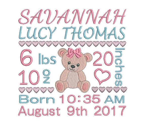 Baby Birth Announcement TEMPLATE Embroidery Design, Subway Art, Baby Stats Machine Embroidery Template, Teddy Bear, AM/PM, 3 Sizes FT509-27