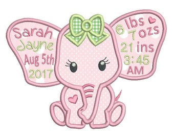 Baby Birth Announcement TEMPLATE Embroidery Design, Subway Art, Baby Stats Machine Embroidery Template, Elephant, AM/PM, 2 Sizes FT509-10