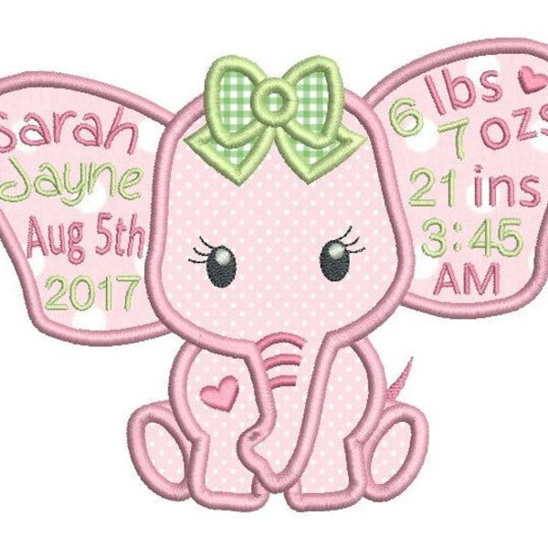 Baby Birth Announcement TEMPLATE Embroidery Design, Subway Art, Baby Stats Machine Embroidery Template, Elephant, AM/PM, 2 Sizes FT509-10