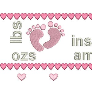 Birth Announcement Embroidery Template, Baby Feet, Baby Birth Stats, Baby Footprints, Hearts, Machine Embroidery, AM/PM, 3 Sizes, FT509-5 image 2