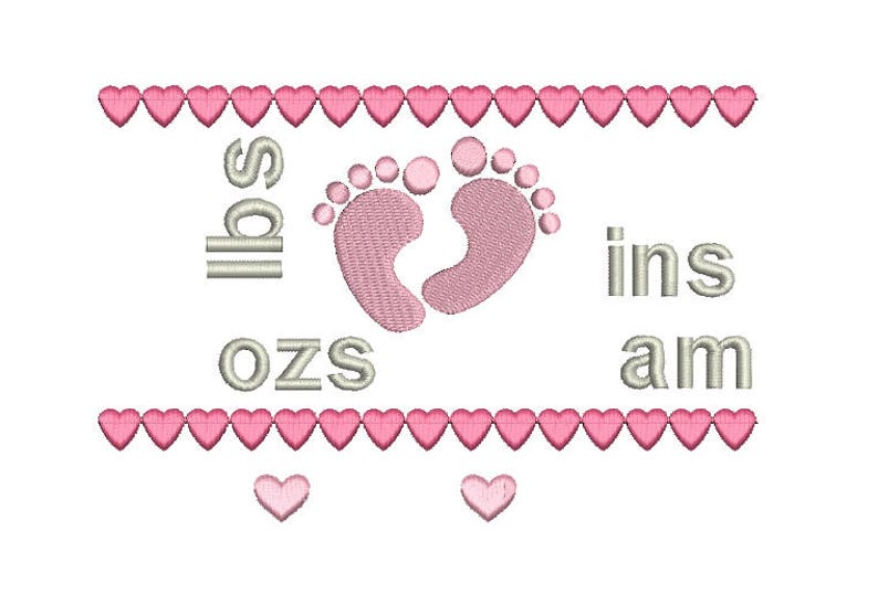 Birth Announcement Embroidery Template, Baby Feet, Baby Birth Stats, Baby Footprints, Hearts, Machine Embroidery, AM/PM, 3 Sizes, FT509-5 image 2