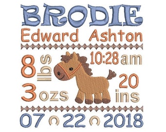 Birth Announcement Embroidery TEMPLATE Design, Baby Birth Stats, Machine Embroidery, Cute Horse Design, Subway Art, AM/PM, 3 Sizes, FT509-16