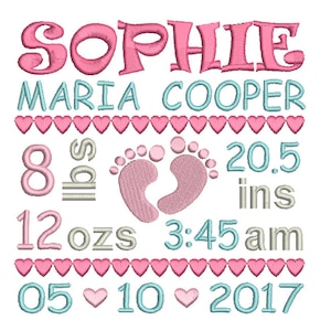 Birth Announcement Embroidery Template, Baby Feet, Baby Birth Stats, Baby Footprints, Hearts, Machine Embroidery, AM/PM, 3 Sizes, FT509-5