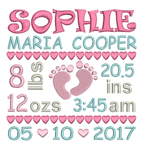 Birth Announcement Embroidery Template, Baby Feet, Baby Birth Stats, Baby Footprints, Hearts, Machine Embroidery, AM/PM, 3 Sizes, FT509-5 image 1