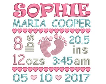 Birth Announcement TEMPLATE Embroidery, Subway Art Design, Baby Birth Stats Template, Machine Embroidery, Baby Feet, AM/PM, 3 Sizes, FT509-5